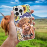 Personalised Sunflower Highland Cow Phone Case for iPhone with Name Birthday Gift for Family Friend