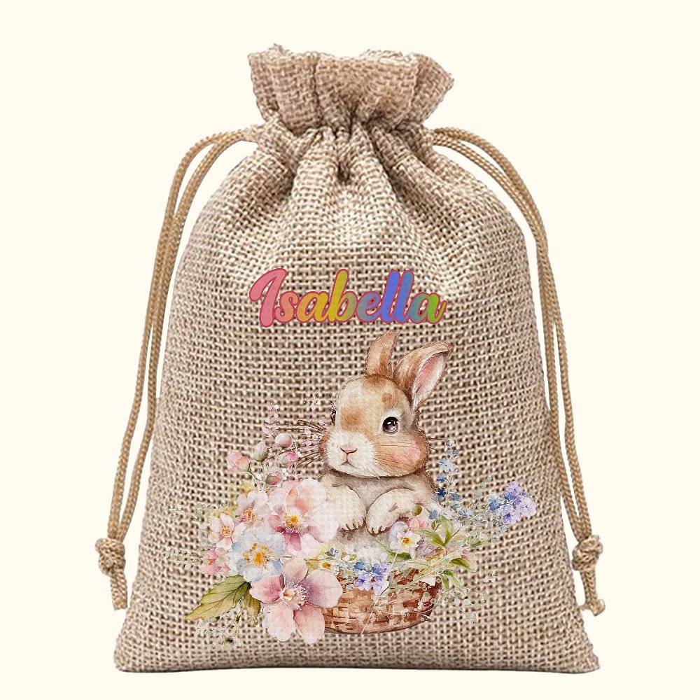 Sac à Bonbon Personnalisé avec Prénom Sac en Jute à Motif Lapin et Fleur Cadeau Anniversaire pour Enfant