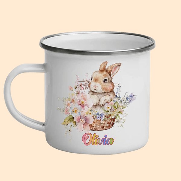 Tasse en Émail Personnalisée avec Nom Motif Lapin Cadeau Anniversaire Pâques pour Enfant
