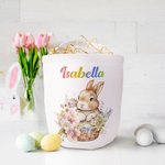 Personifierad söt kanin med blomsterdesign Stor godispåse i canvas med namn Påskpresent till barn