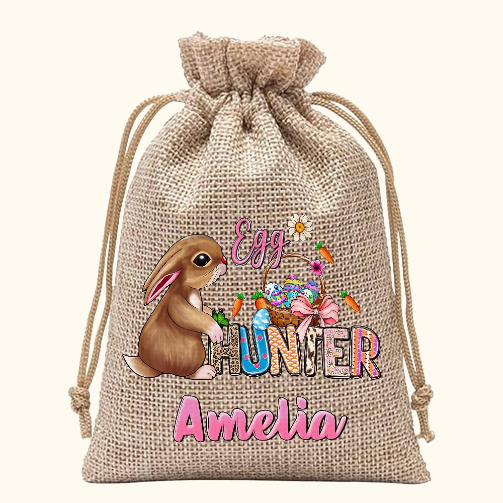 Sac à Bonbons Personnalisé avec Nom Sac en Toile de Jute Motif Lapin Cadeau de Pâques pour Enfants