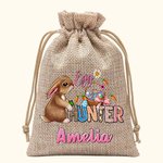 Personalised The Hunt Is On Burlap Drawstring Sweets Bag with Bunny Pattern and Name Easter Gift for Kids
