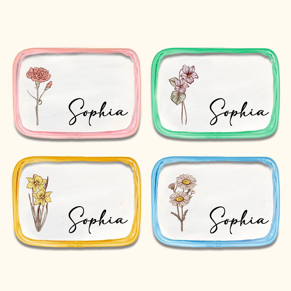 Personalized Birth Flower Clear Makeup Bag with Zipper and Name Water Proof Travel Cosmetic Accessory Birthday Bridesmaid Party Gift for Her