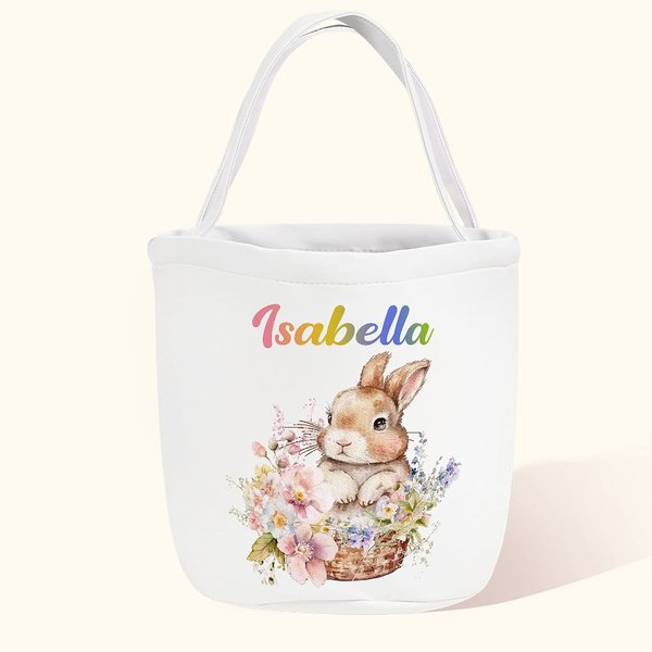 Bolsa grande de lona para caramelos con nombre, personalizada y con diseño de flores de conejito, regalo de Pascua para niños