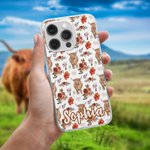 Personligt Vintage Flower Highland Cow Telefonfodral för iPhone med namn Födelsedagspresent för familj vän