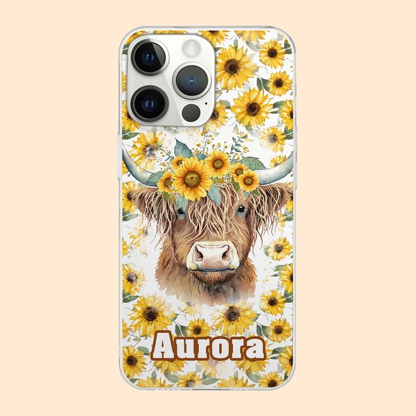 Sunflower Highland Cow iPhone Case with Name