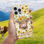 Personalised Sunflower Highland Cow iPhone Case with Name Birthday Gift for Highland Cow Lovers