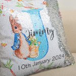Personalized Peter Rabbit Sequin Throw Pillow Cover with Initial Name and Date Bunny Holiday Decoration Birthday Easter Gift for Kid