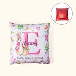 Personalized Peter Rabbit Sequin Throw Pillow Cover with Initial Name and Date Bunny Holiday Decoration Birthday Easter Gift for Kid