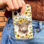 Personalised Sunflower Highland Cow iPhone Case with Name Birthday Gift for Highland Cow Lovers