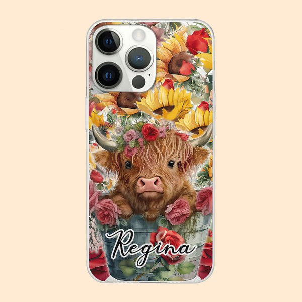 Personalised Colourful Highland Cow iPhone Case with Name Birthday Anniversary Gift for Friend Family