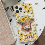 Personalised Sunflower Highland Cow iPhone Case with Name Birthday Gift for Highland Cow Lovers