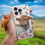 Personalizzato carino acquerello Highland Cow Slim Phone Case per iPhone con nome Compleanno regalo di Natale per gli amanti delle mucche Highland