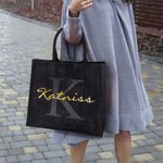 Personalised Black Jute Tote Bag with Name and Initial Birthday Wedding Party Gift for Women