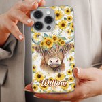 Personalised Sunflower Highland Cow iPhone Case with Name Birthday Gift for Highland Cow Lovers