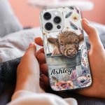 Personalizzato carino acquerello Highland Cow Slim Phone Case per iPhone con nome Compleanno regalo di Natale per gli amanti delle mucche Highland
