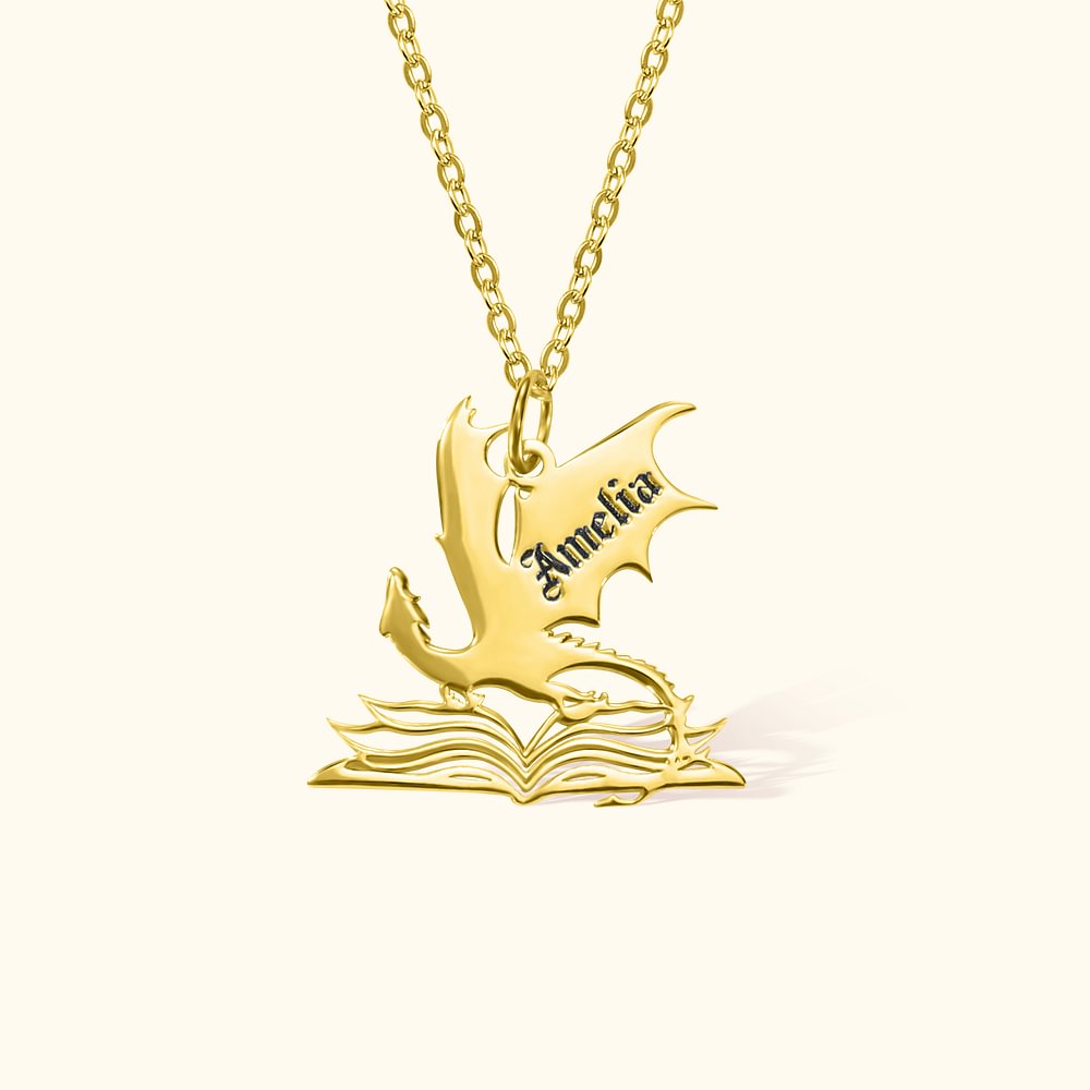 Collier Dragon Livre Personnalisé avec Prénom Gravé Cadeau Anniversaire pour Amoureux de Lecture
