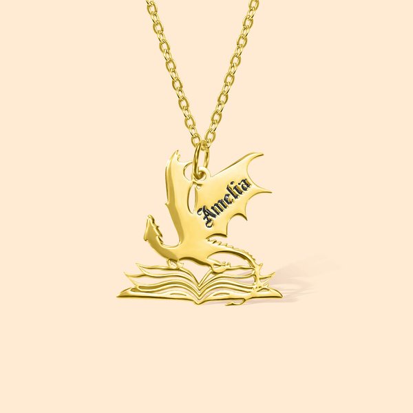 Personalizada Libro Dragón collar con nombre Cumpleaños Aniversario Regalo para el lector amante de los libros