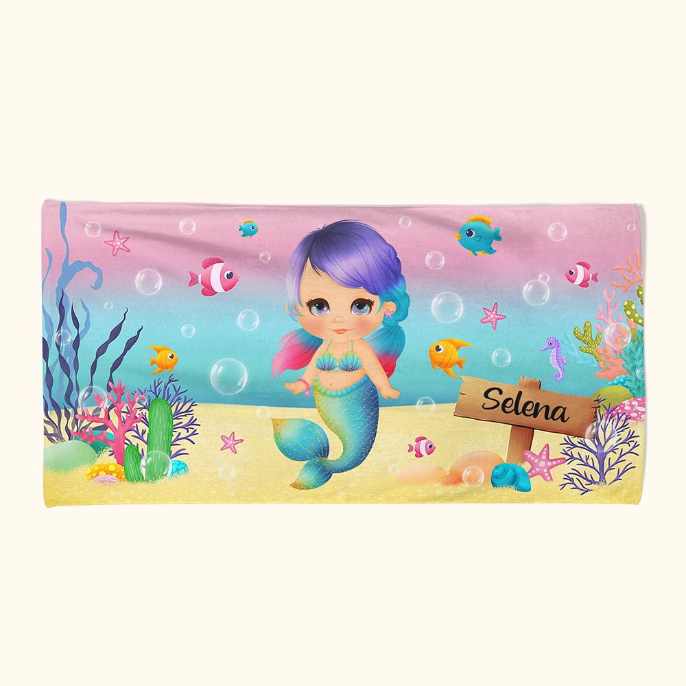 Serviette de Plage Personnalisée avec Nom et Motif Sirène Accessoire Vacances Voyage Fête d'Été Cadeau pour Enfant Fille