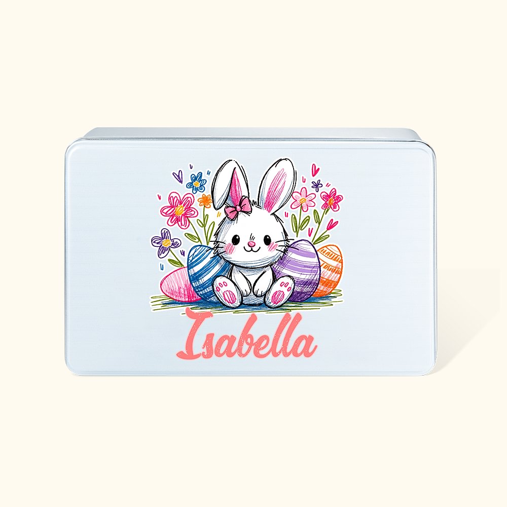 Personalizzato Cute Bunny Ears Animal Food Grade Metal Biscuit Tin con nome Regalo di Pasqua per bambini
