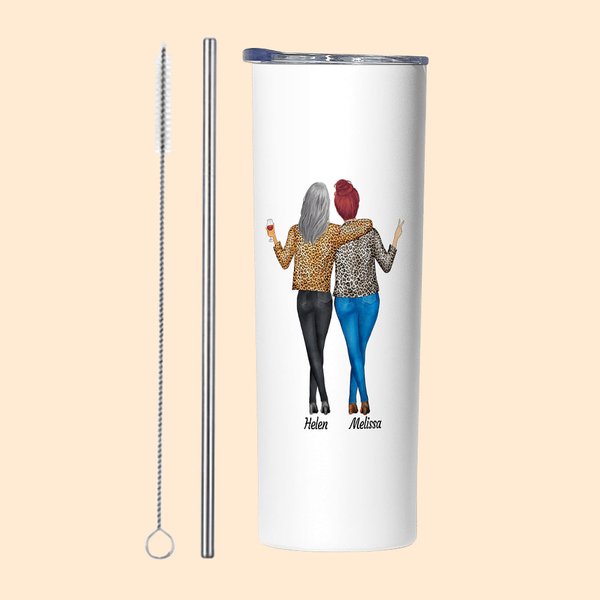 Personalized Stylish Funny Quote 20 oz Stainless Steel Skinny Tumbler with Names and Lid Straw Brush Graduation Birthday Gift for Besties Sisters