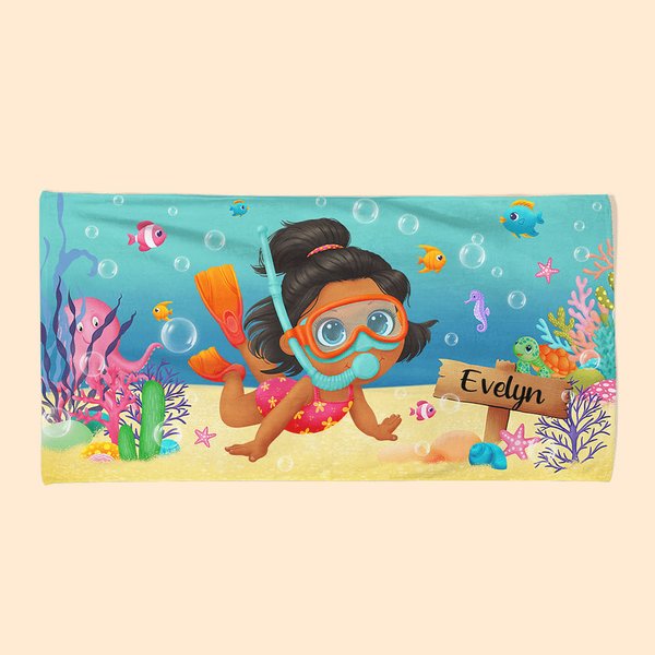 Personalized Marine Diving Kid Soft Beach Towel with Name Birthday Gift for Girl and Boy