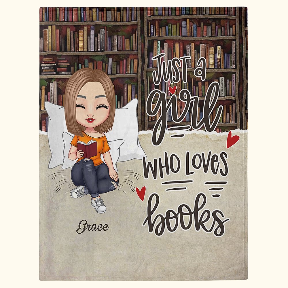 Couverture Douce Personnalisée avec Image Dessinée et Nom Thème Just A Girl Who Loves Books Cadeau Anniversaire pour Amateur de Lecture