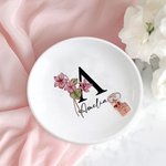 Personalized Birth Flower Ceramic Jewellery Tray with Name and Initial Birthday Wedding Gift for Her
