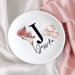 Personalized Birth Flower Ceramic Jewellery Tray with Name and Initial Birthday Wedding Gift for Her