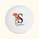Personalized Birth Flower Ceramic Jewellery Tray with Name and Initial Birthday Wedding Gift for Her
