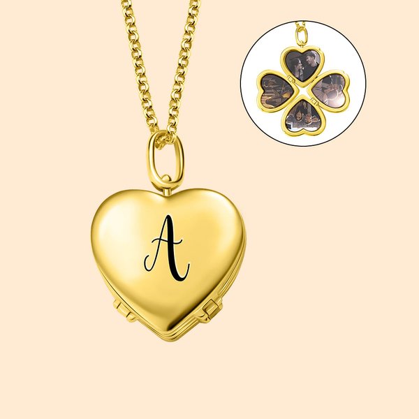 Personalized Love Heart 4 Photos Necklace with Engraved Initial Mother's Day Birthday for Women