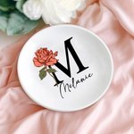 Personalized Birth Flower Ceramic Jewellery Tray with Name and Initial Birthday Wedding Gift for Her
