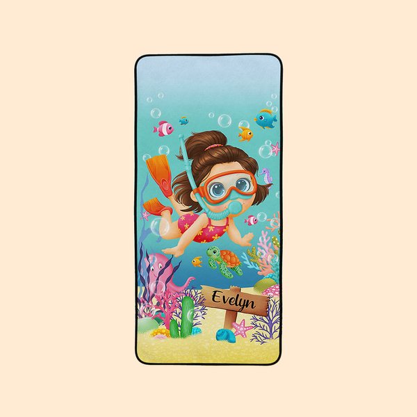 Asciugamano da bagno personalizzato in velluto corallino superassorbente e morbido per immersioni marine con nome, accessorio da spiaggia per bambini