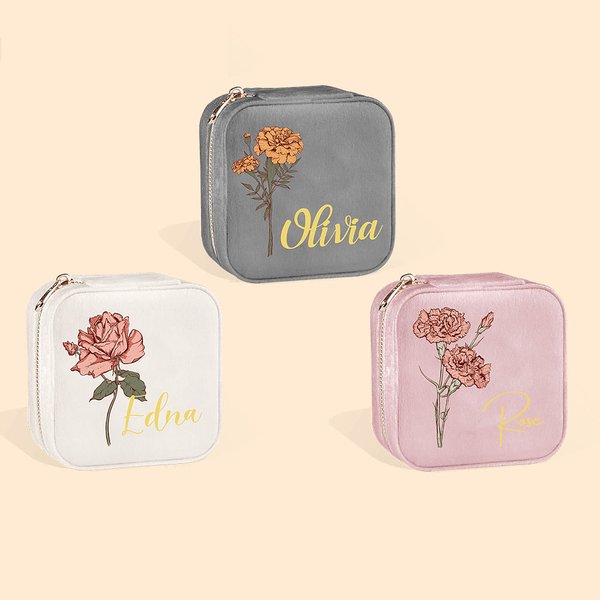 Personalizado Terciopelo Flor de Nacimiento Joyero Portátil Estuche de Viaje con Nombre Cumpleaños Día de la Madre Regalo de Boda para Ella