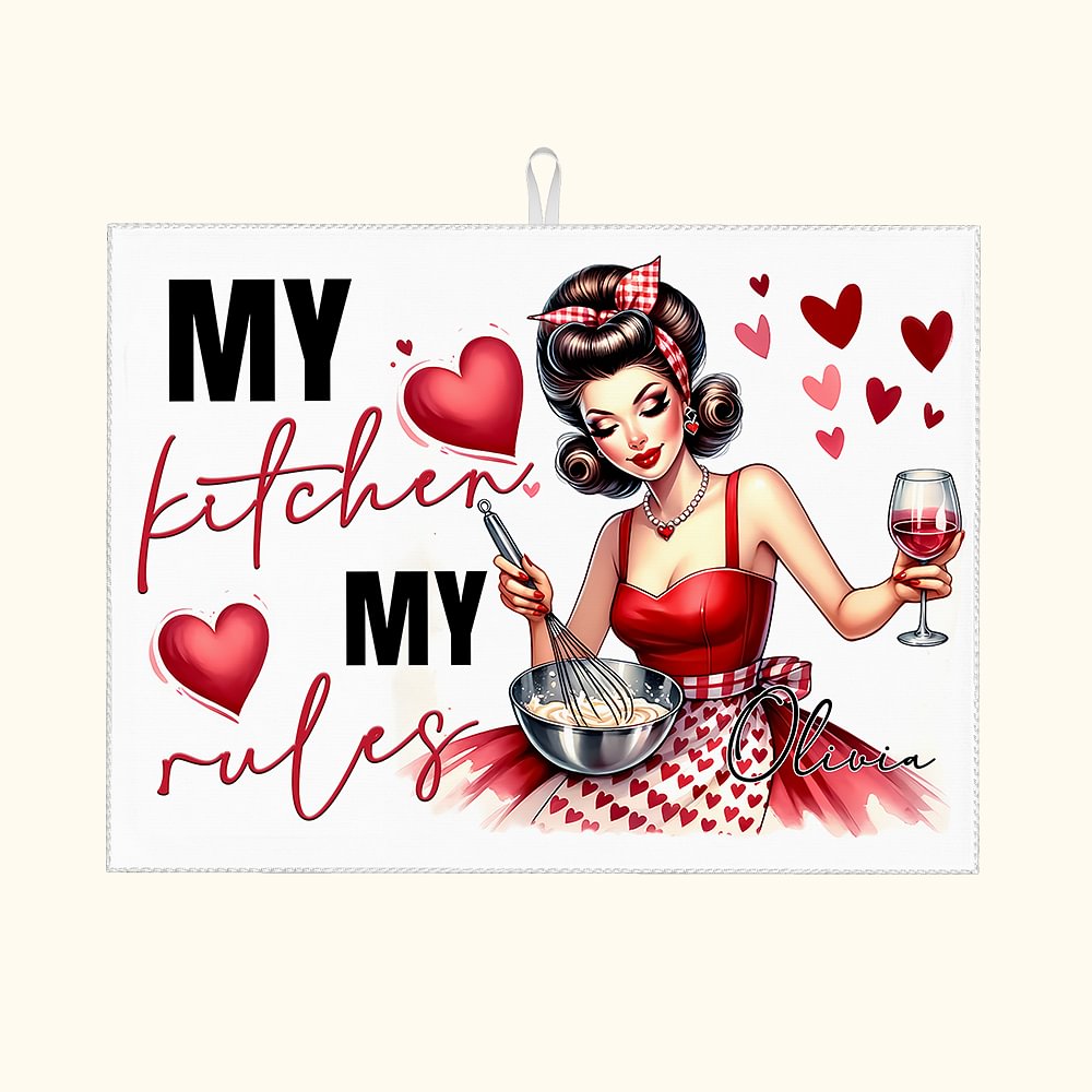 Tapis d'Essuyage Absorbant Personnalisé avec Nom et Dessin Cadeau Anniversaire Fête des Mères pour Amatrice de Cuisine