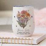 Personalised Birth Flower Bouquet 12oz Insulated Wine Tumbler Garden Theme Coffee Cup Birthday Family Gift for Mom Grandma