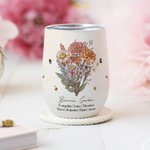 Personalised Birth Flower Bouquet 12oz Insulated Wine Tumbler Garden Theme Coffee Cup Birthday Family Gift for Mom Grandma