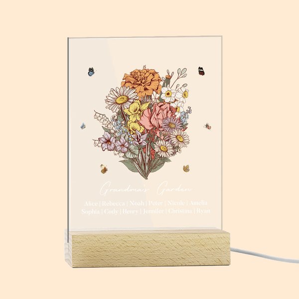 Gepersonaliseerd geboorte boeket LED nachtlampje met houten basis oma's tuin thema thuis decoratie verjaardagscadeau voor familie