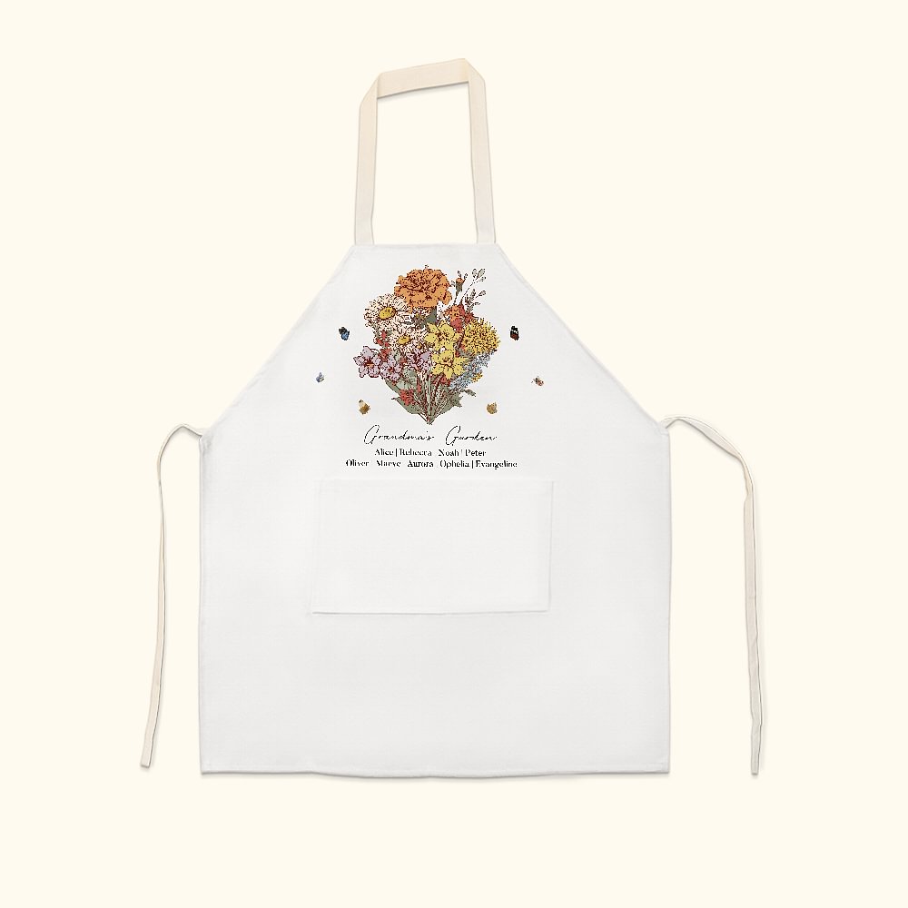 Grembiule da cucina con tasca e nome a tema giardino, personalizzato con bouquet di fiori di nascita, regalo di cucina per la mamma e la nonna