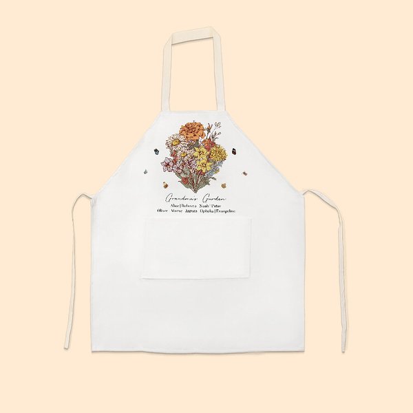 Delantal de cocina personalizado con flores de nacimiento, bolsillo y nombre Tema de jardín Menaje de cocina Regalo de inauguración de la casa Regalo 