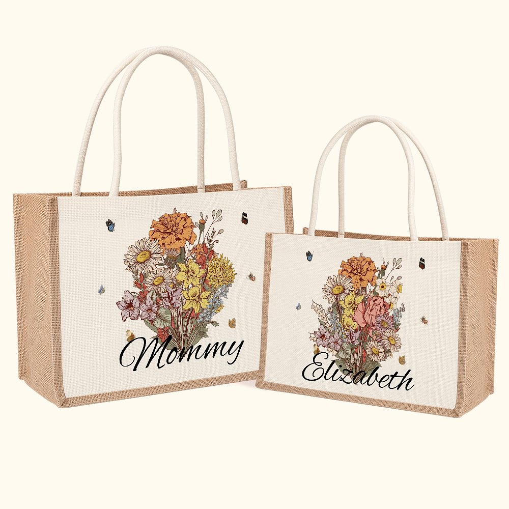 Sac en Jute Personnalisé avec Nom et 1-12 Fleurs de Naissance Cadeau Anniversaire Fête des Mères pour Maman Grand-Mère