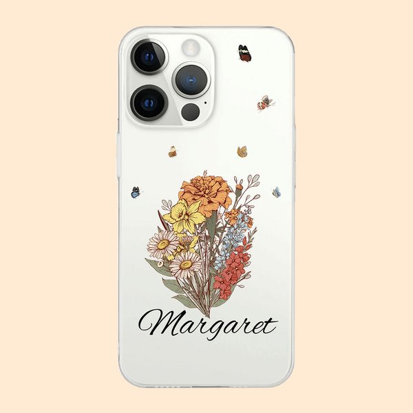 Custodia per iPhone personalizzata con bouquet di fiori di nascita e nome Regalo di compleanno per la festa della mamma
