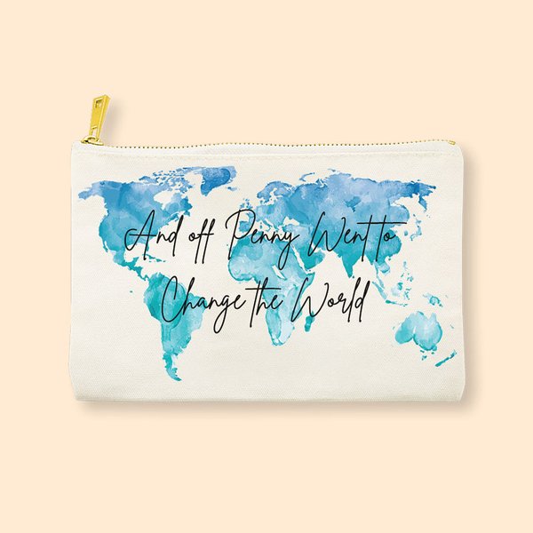 Gepersonaliseerde Change the World Make-up tas met naam wereldkaart verjaardag afstuderen geschenk voor haar