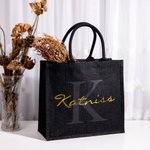 Personalised Black Jute Tote Bag with Name and Initial Birthday Wedding Party Gift for Women