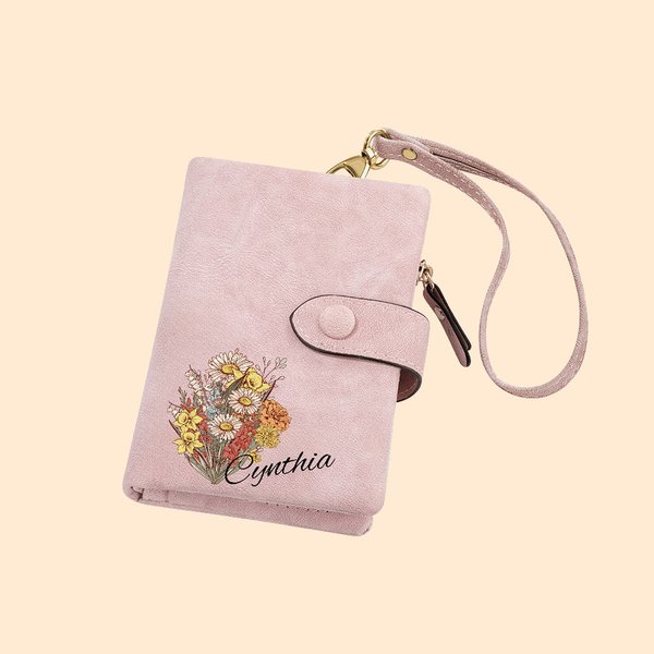 Personalizada Nacimiento Flor Bouquet Tri-Folded Cartera de cuero Cumpleaños Día de la Madre Regalo de Navidad para mamá abuela