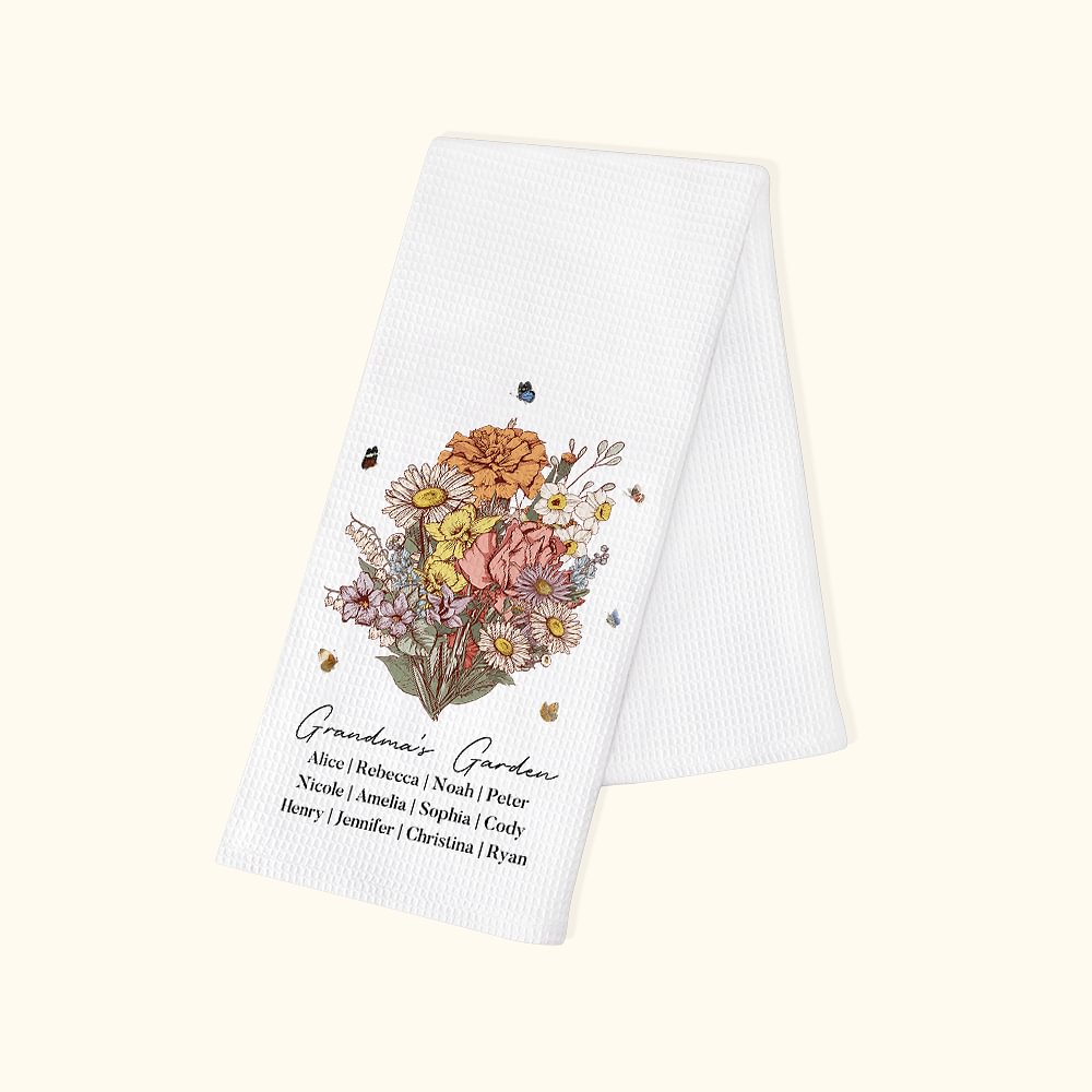 Torchon en Coton Gaufré Personnalisé avec Nom et Fleur Décoration de Cuisine Cadeau Emménagement pour Famille Maman Grand-Mère