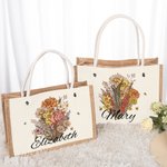 Bolsa de yute personalizada con nombre y acuarela de nacimiento Ramo de flores Accesorio de viaje de gran capacidad Regalo de cumpleaños del Día de la