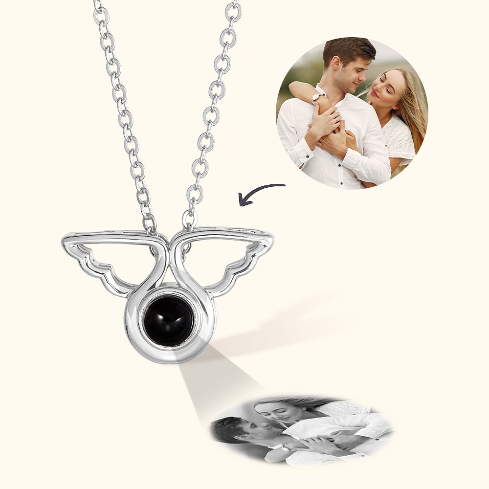 Collier Photo Projection Personnalisée Pendentif Ailes d'Ange Cadeau Anniversaire pour Femme
