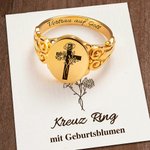 Personalisierter Kreuz Siegelring mit Geburtsblumen und Text Gravur Taufe Muttertag Geschenk für Damen