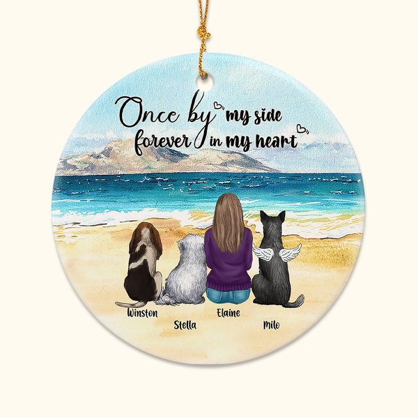 Personalised Once by My Side Forever in My Heart Round Ceramic Ornament with Sea Scenery Background Christmas Birthday Gift for Dog Lover